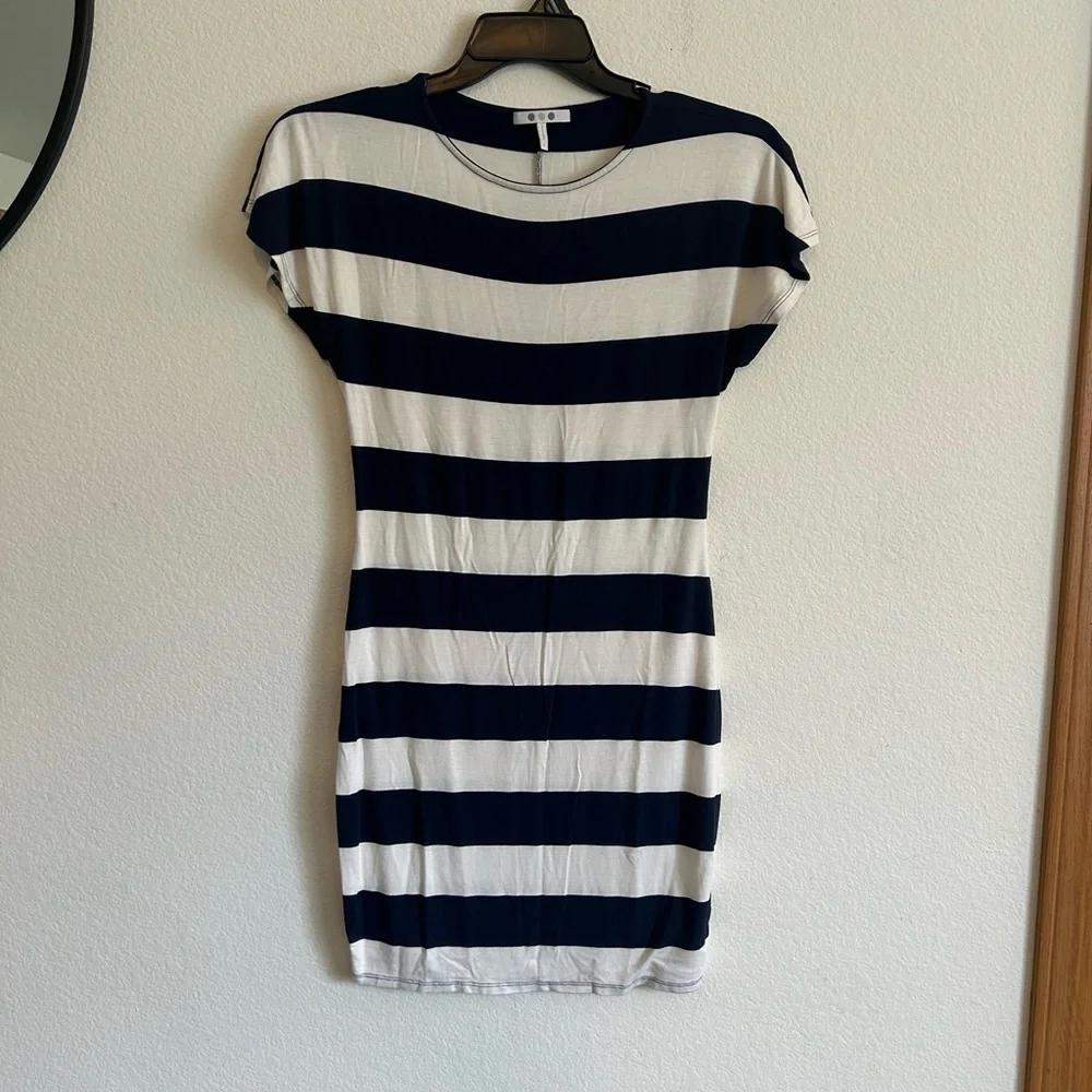 Three Dots South Hampton Striped Dress Small Navy Blue And White Striped